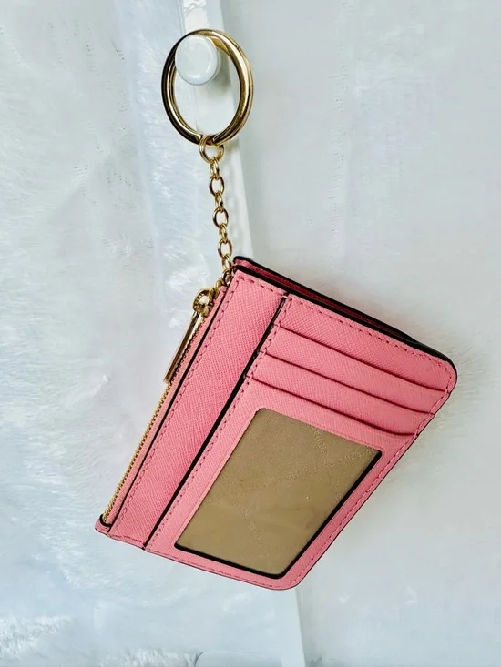 Michael Kors Coral Pink Saffiano Leather Card Holder Keychain - Picture 2 of 5